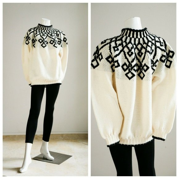 Unbranded | Vintage Other - 90s Vintage Geomerric Print Cream Black Pullover